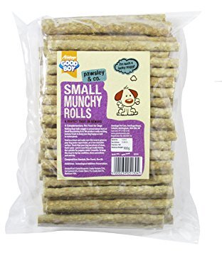 Pack of Good Boy Small Munchy Rolls dog treats with packaging on a white background