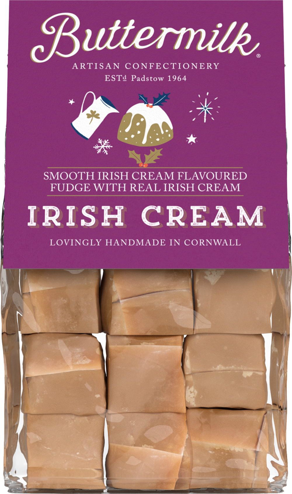 Pack of Buttermilk Irish Cream fudge with a purple packaging label.