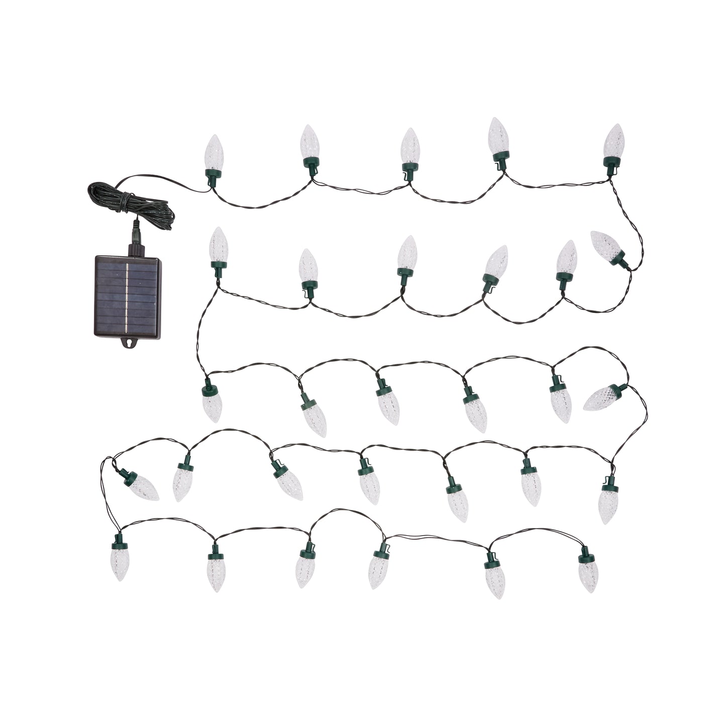 String of lights with solar panel on a white background