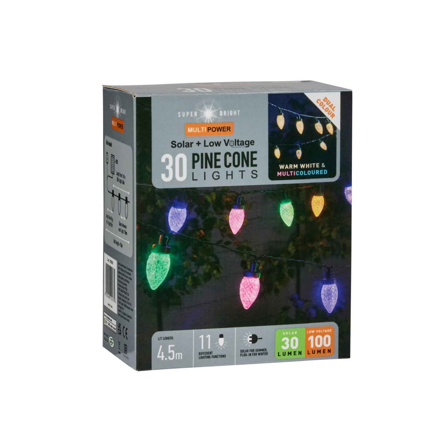 Box of 30 pine cone lights with colorful lights on a white background