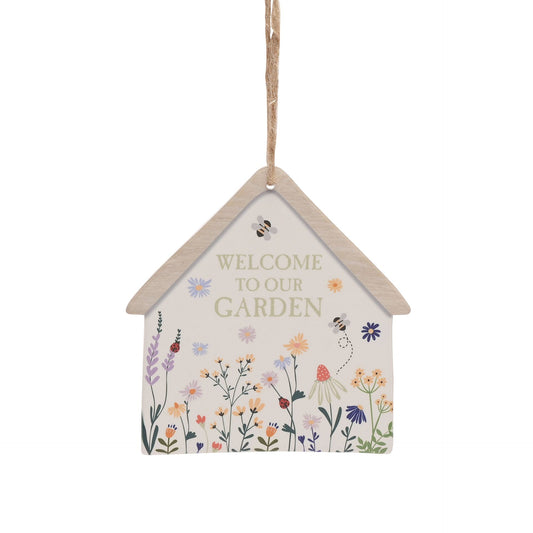 Decorative hanging birdhouse with floral designs and 'Welcome to our Garden' text on a white background.