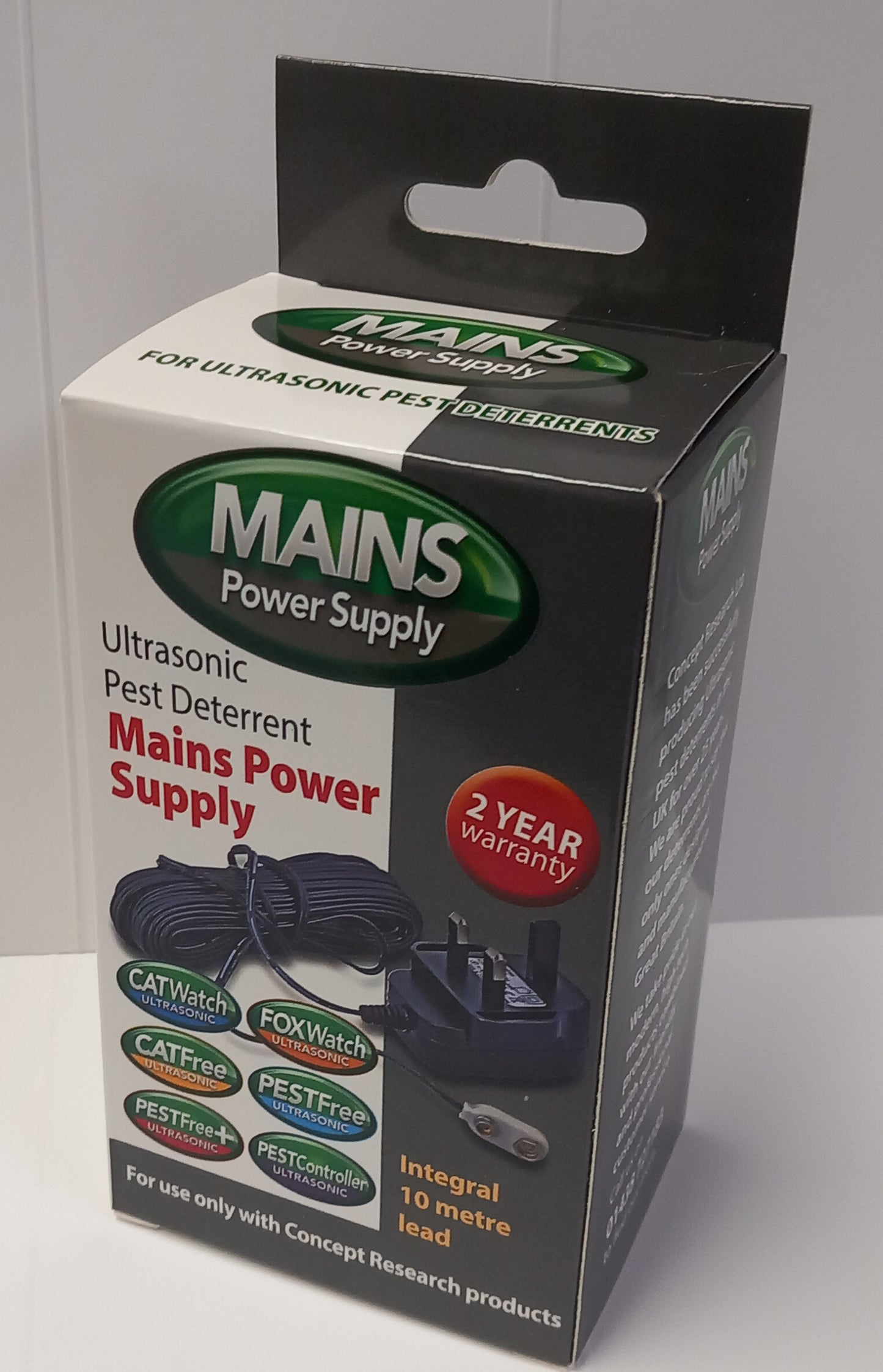 Box of Mains Power Supply for ultrasonic pest deterrents with a white background