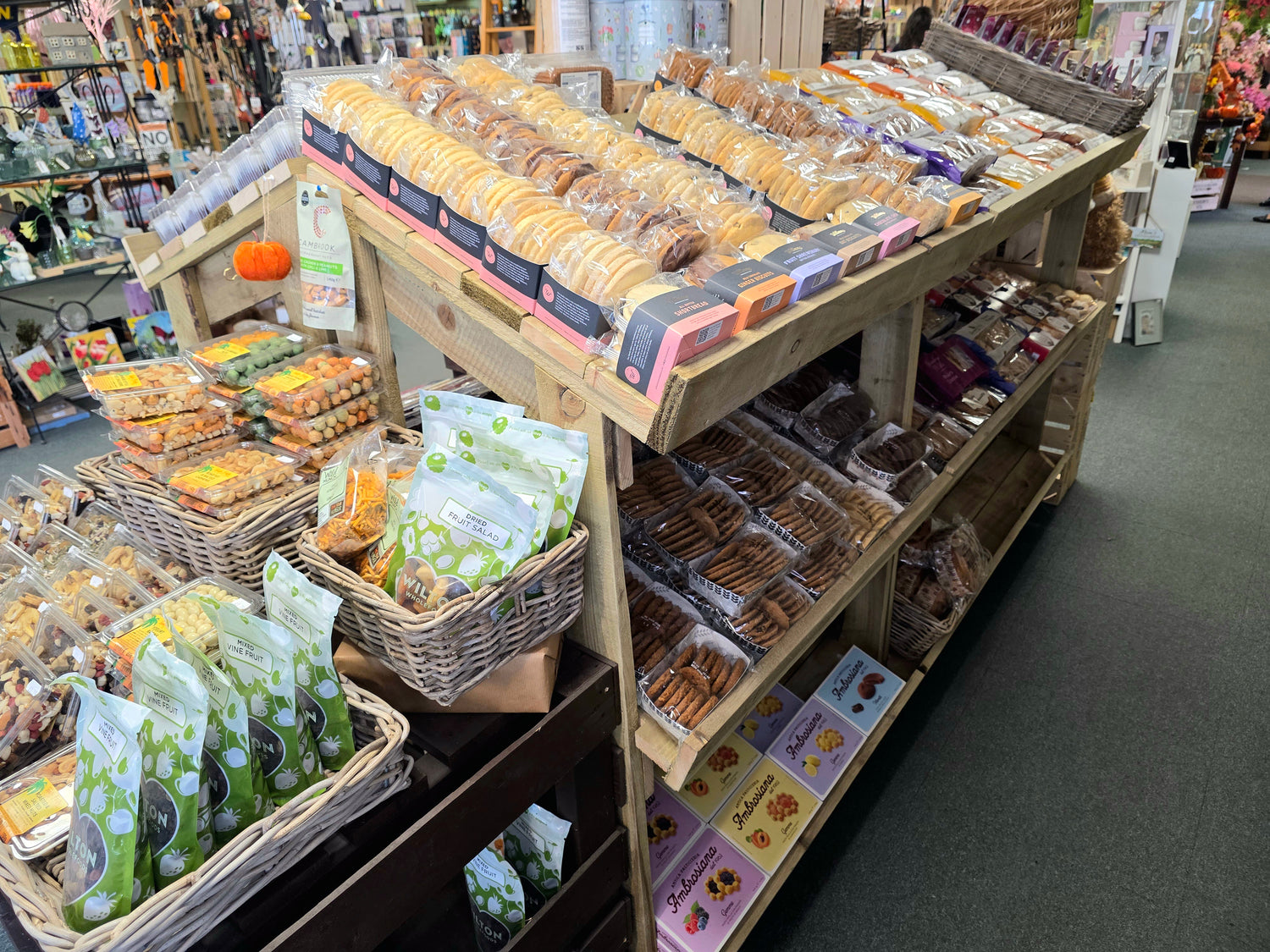 Display of various packaged goods on shelves in a store