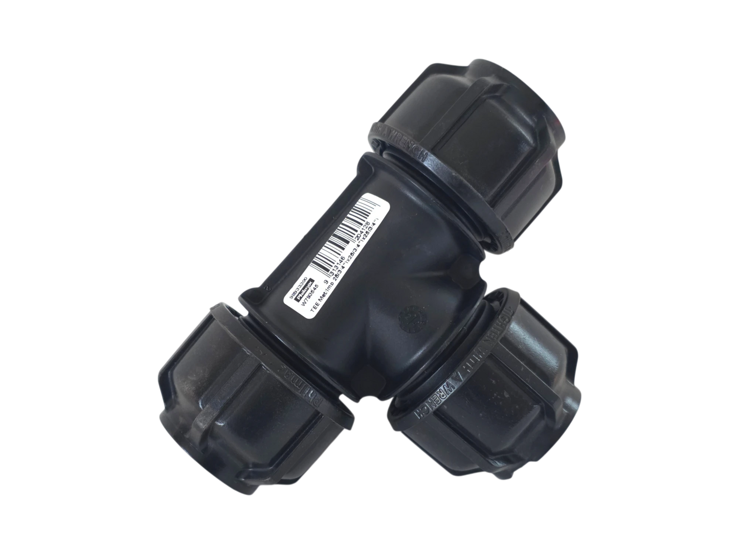 A black plastic T-joint pipe connector with threaded ends and a white barcode label, shown on a plain white background.