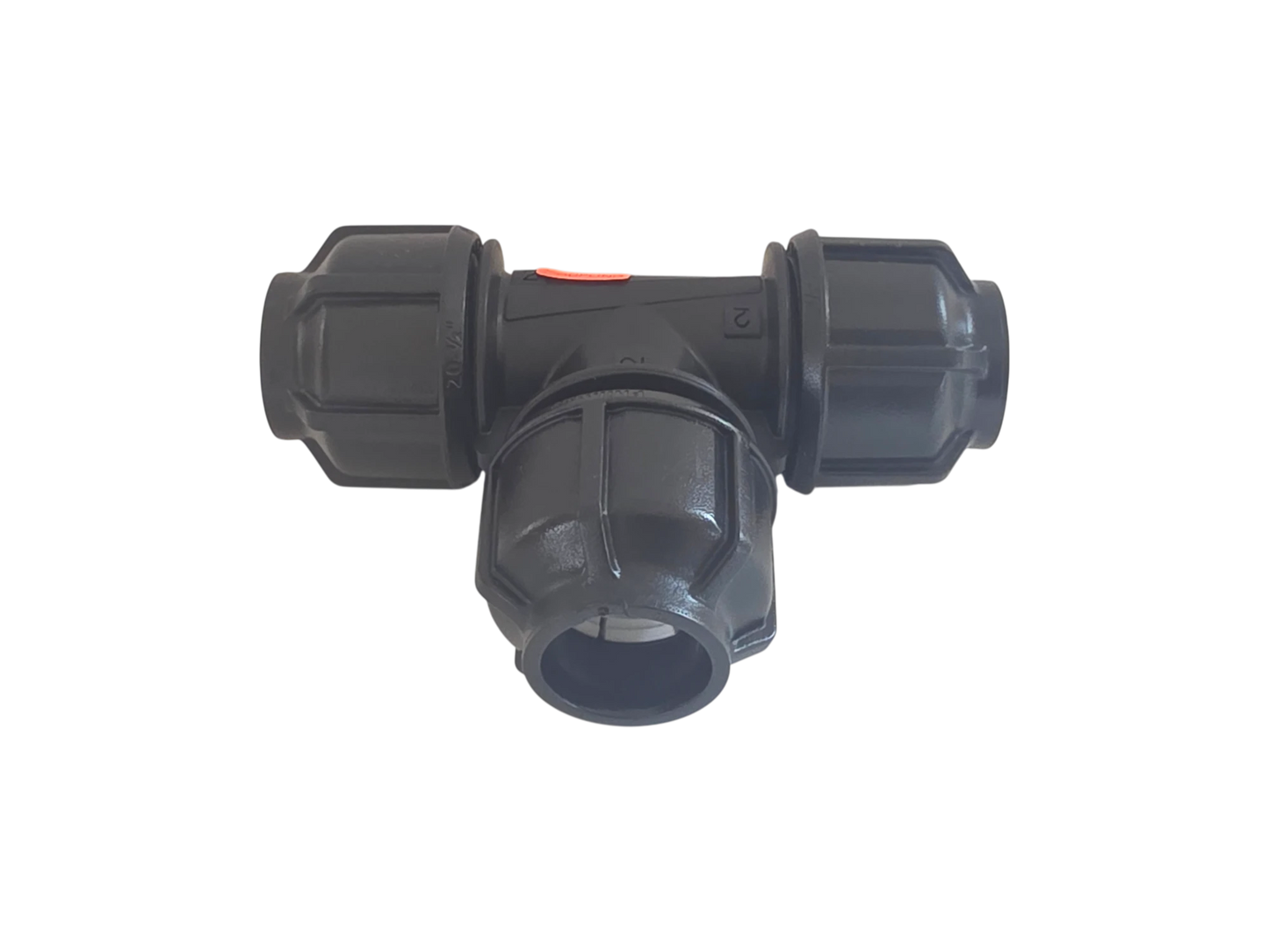 A black plastic T-shaped pipe fitting with a small orange safety switch on top, isolated on a white background.