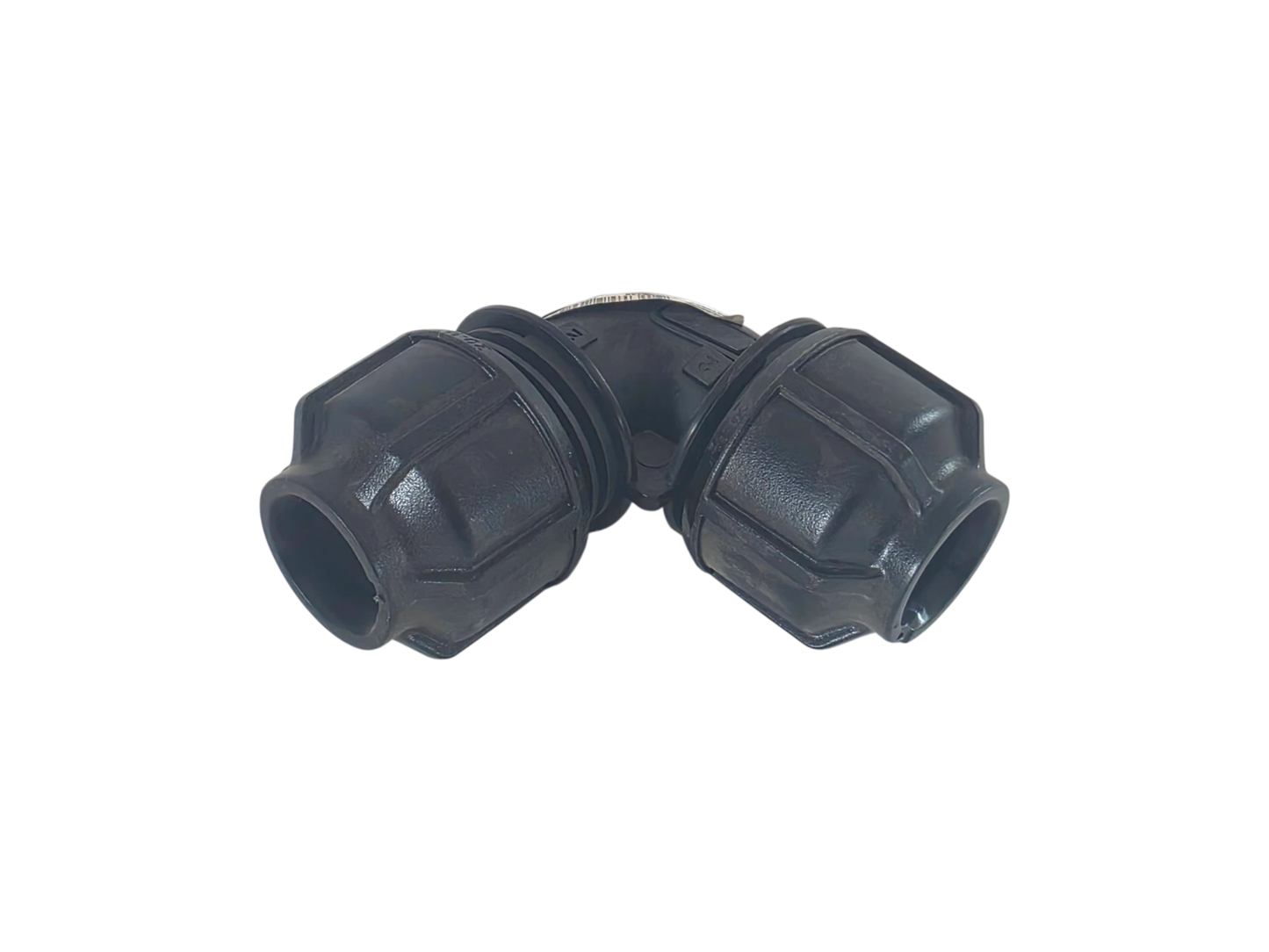 A black plastic 90-degree elbow pipe connector with a ribbed, knurled texture on the outer surface, isolated on a white background.