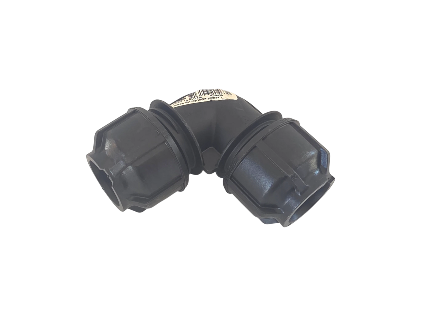 A black plastic 90-degree elbow pipe connector with threaded ends, shown on a plain white background.