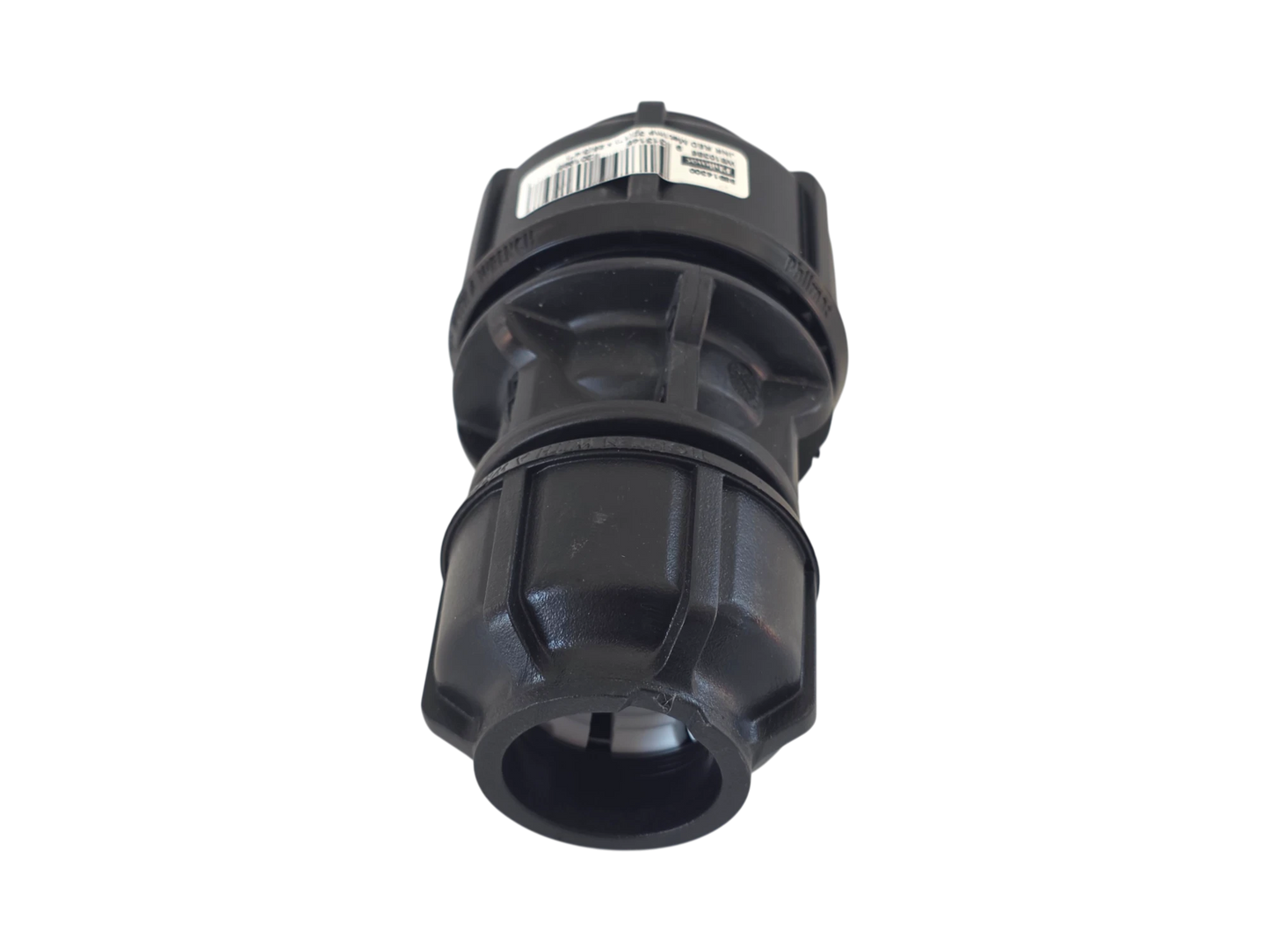 A black plastic outdoor faucet adapter or connector with a barcode label on top, shown against a plain white background.