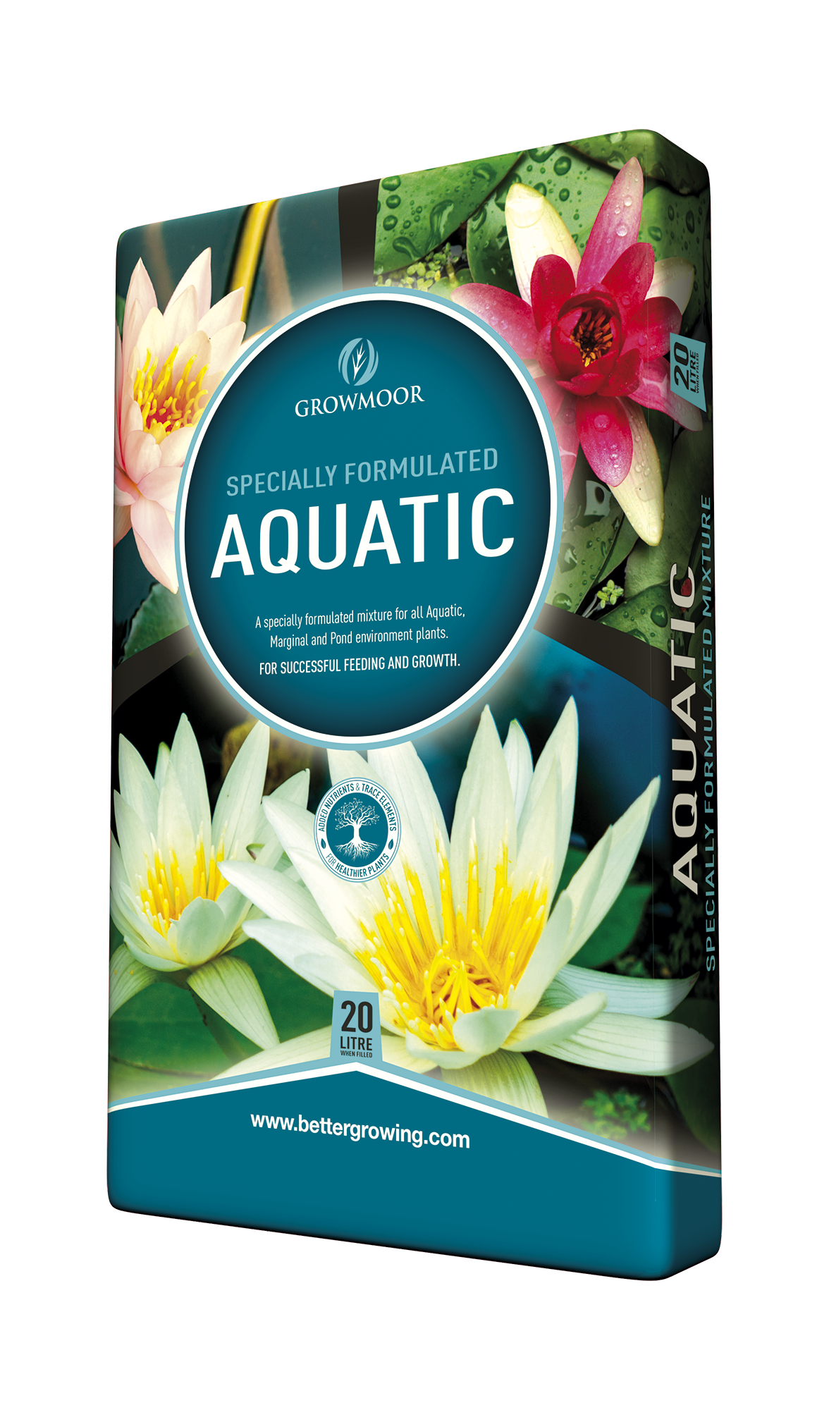 Growmoor aquatic plant food packaging with water lily images on a white background