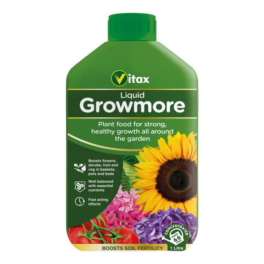 Vitax Growmore liquid plant food bottle with sunflower and flowers on a white background
