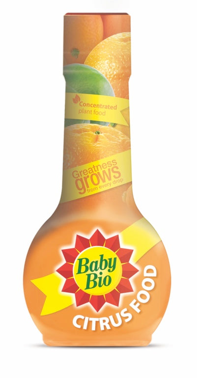 Baby Bio Citrus Food bottle with oranges on a white background