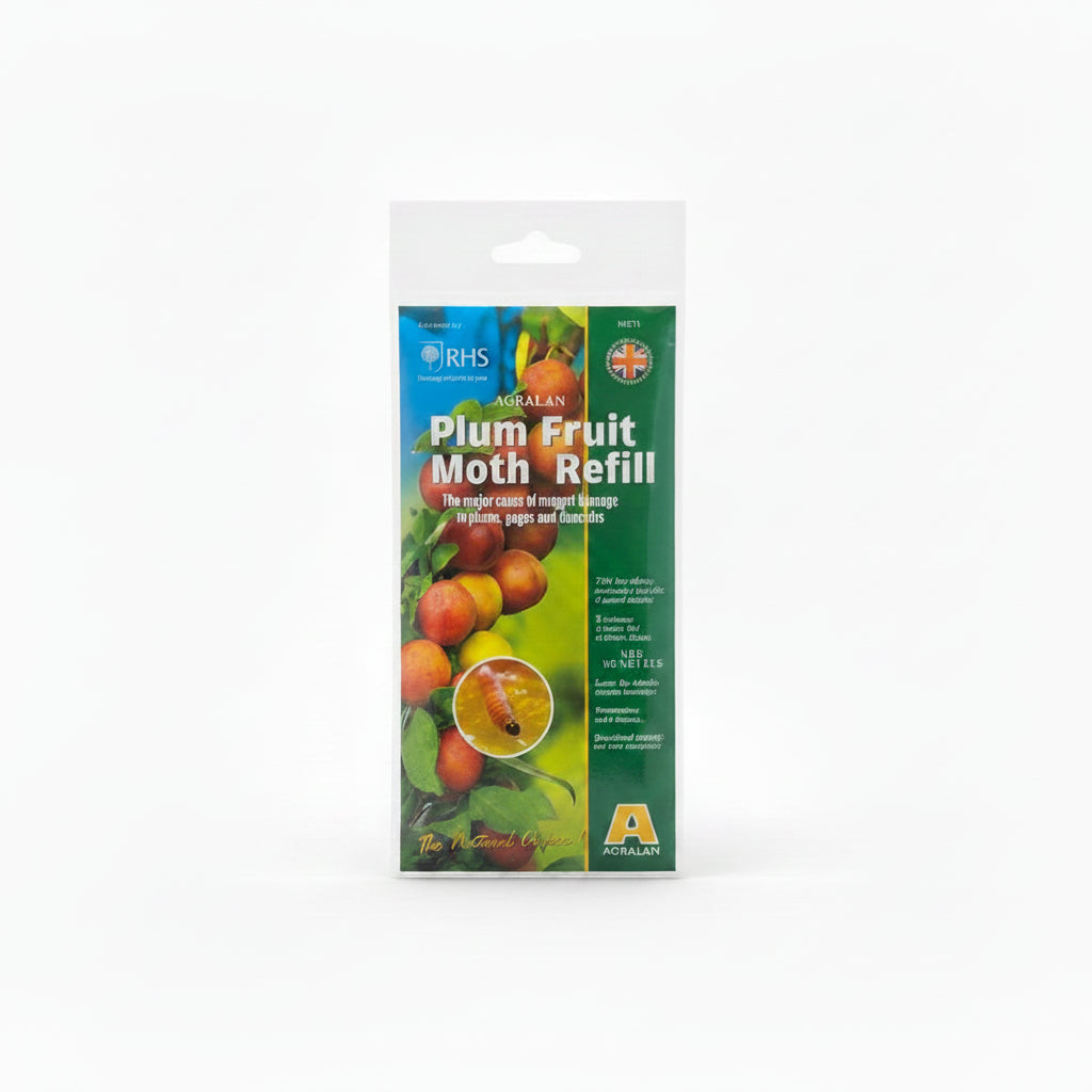 RHS Plum Fruit Moth Trap packaging with images of fruits and a moth on a white background.