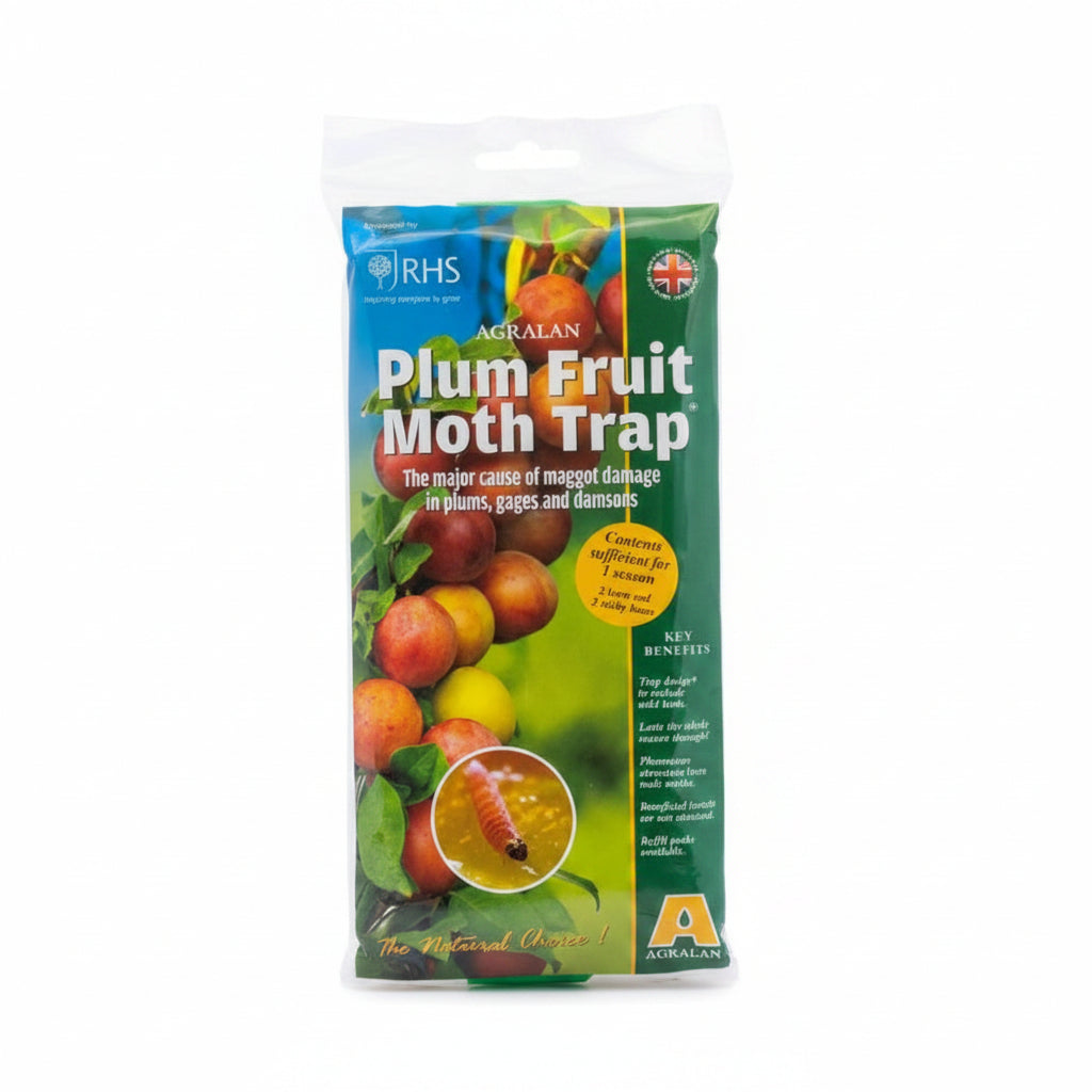 RHS Plum Fruit Moth Trap packaging with images of fruits and a moth.