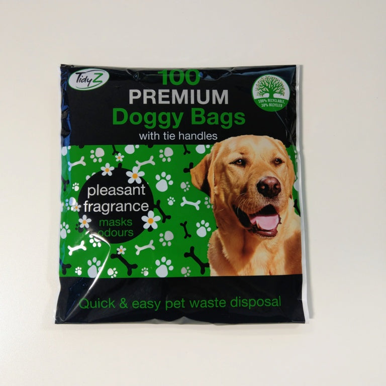 Package of Tidy Z premium doggy bags with a dog on the packaging.