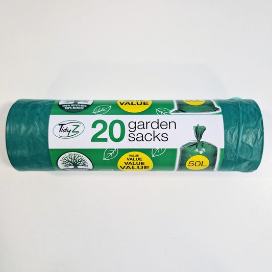 Roll of Tidy Z garden sacks with a white label on a light gray background