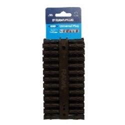 Black universal plug on a white background with a blue and white package label.