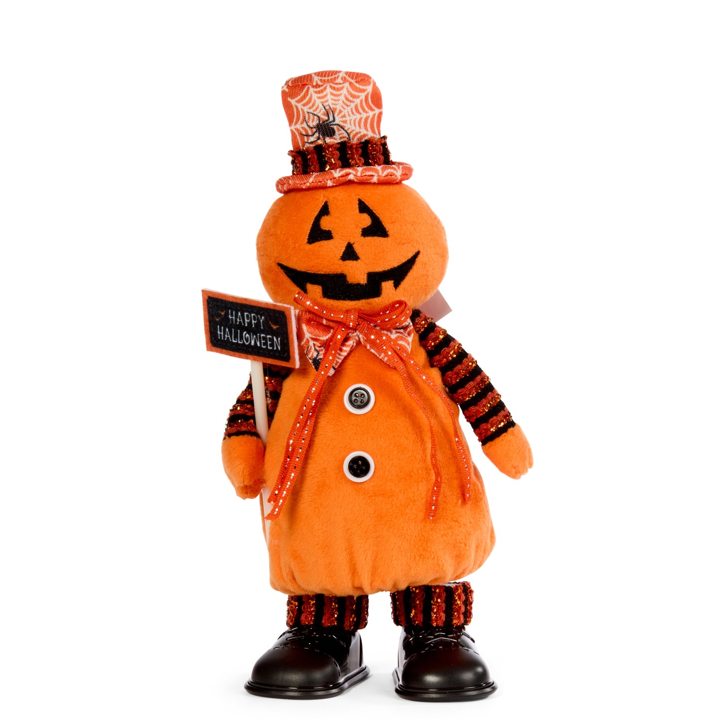 Halloween-themed pumpkin figure with a top hat, bow tie, and 'Happy Halloween' sign on a white background.