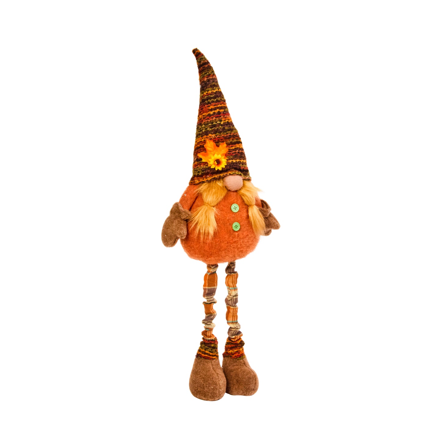 Decorative gnome with an orange hat and scarf on a white background