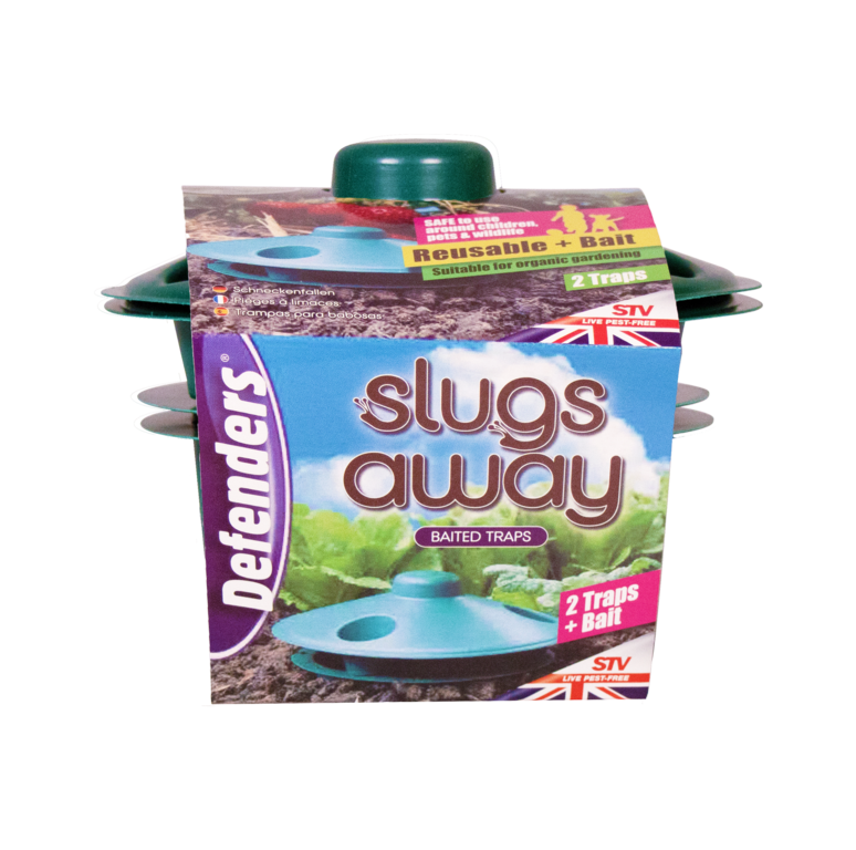 Pack of Defenders Slugs Away baited traps on a white background