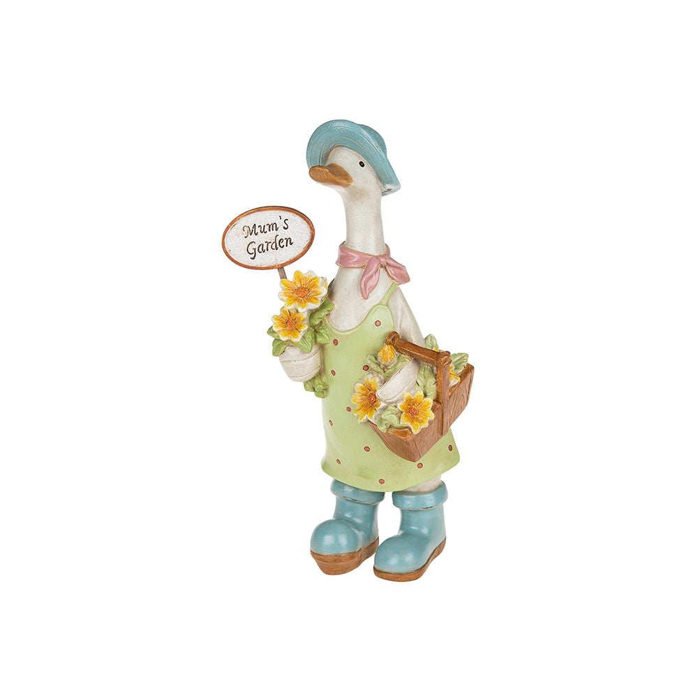 Decorative figurine of a goose in gardening attire with a sign on a white background