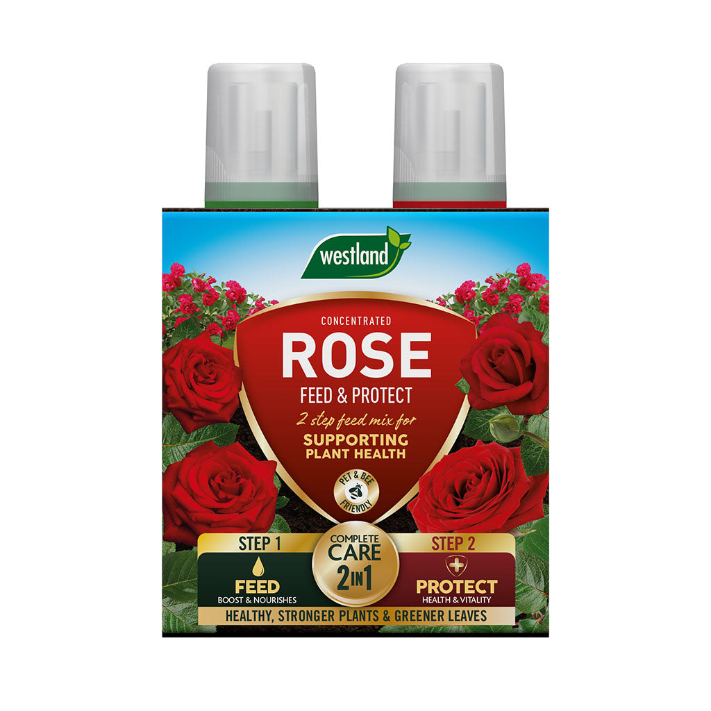 Westland Rose Feed & Protect packaging with red roses on a white background