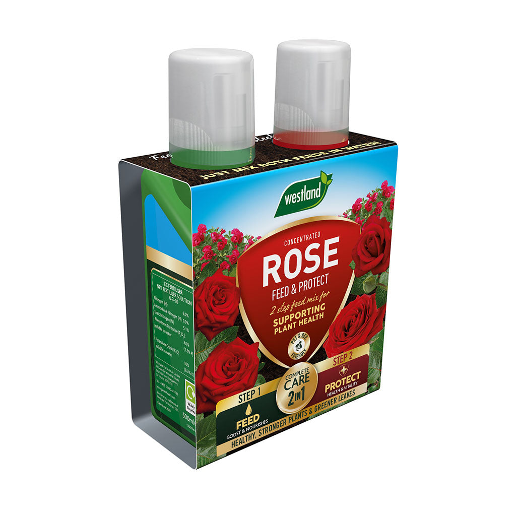 Westland rose feed and protect packaging with two bottles on a white background