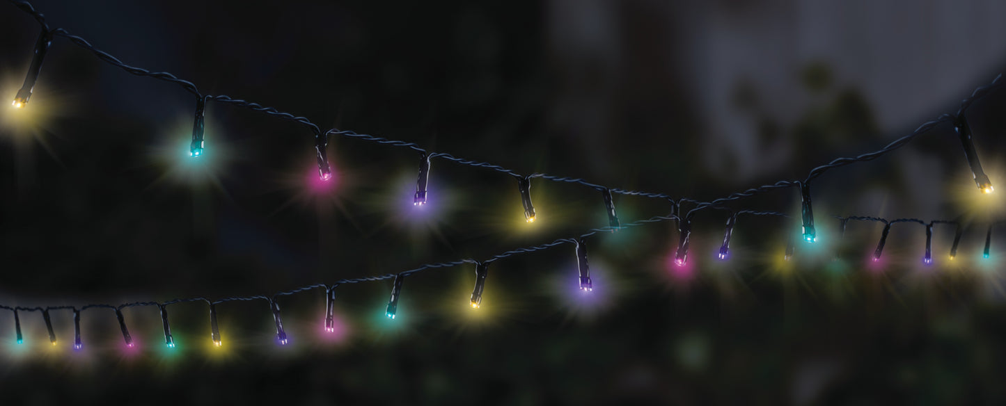 String of colorful lights against a dark background
