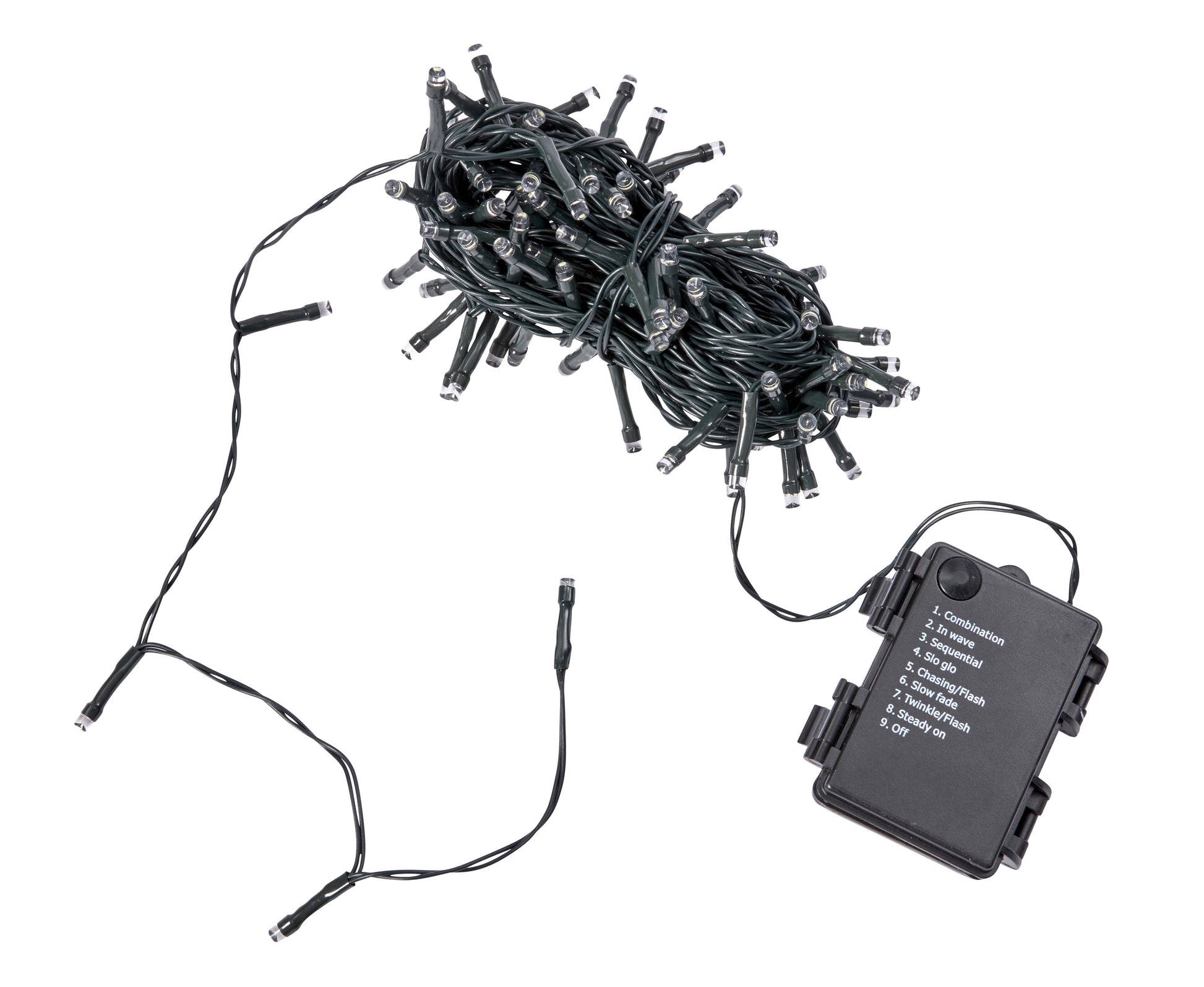 String lights with black wire and battery pack on a white background