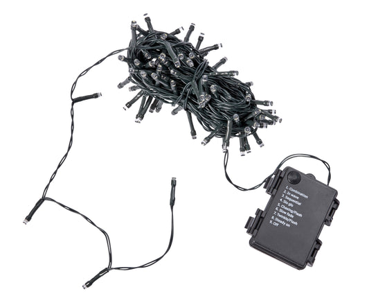 String lights with black wire and battery pack on a white background