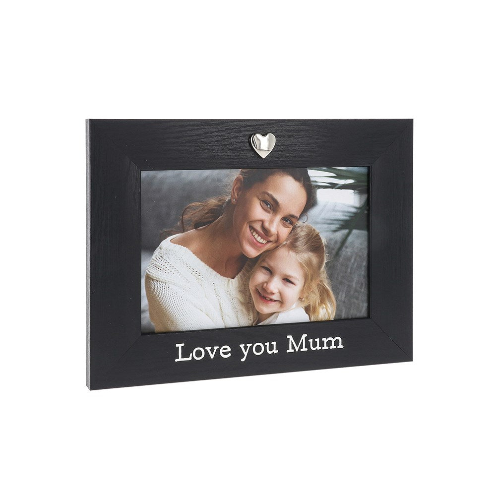 Black photo frame with a heart-shaped emblem displaying a photo of a woman and a child, with 'Love you Mum' text.