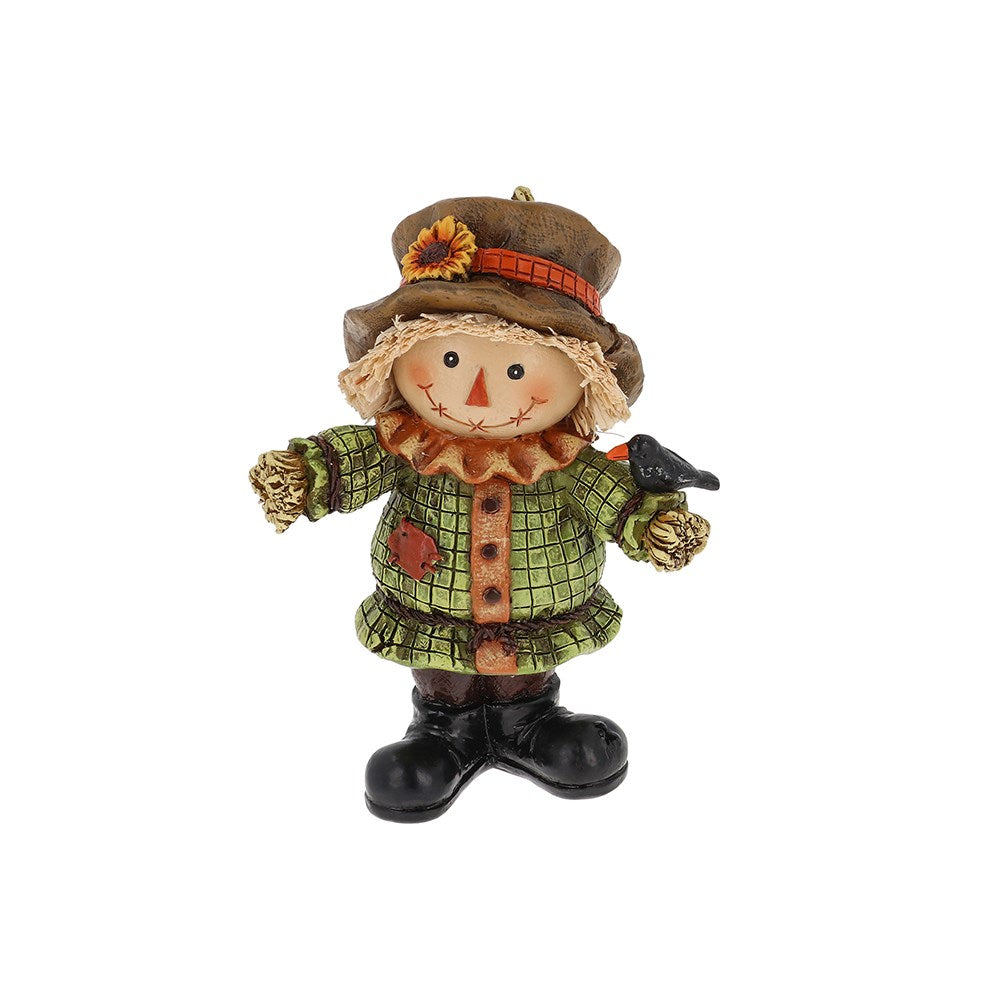 Decorative scarecrow figurine with a plaid jacket and straw hat on a white background