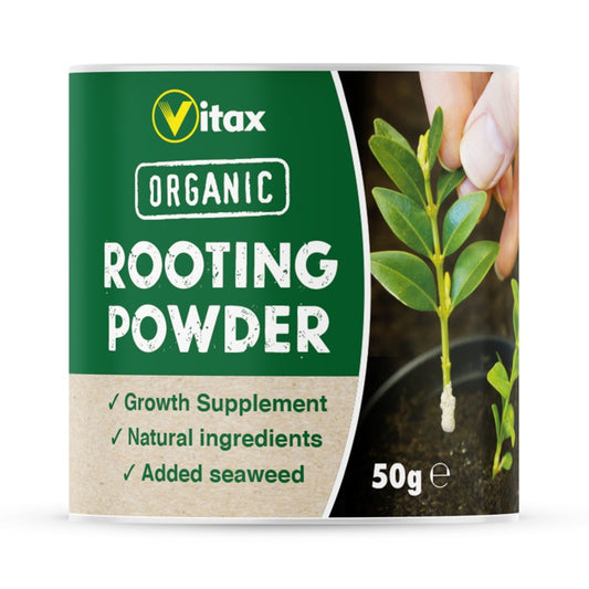 Vitax Organic Rooting Powder packaging with a hand holding a plant stem.