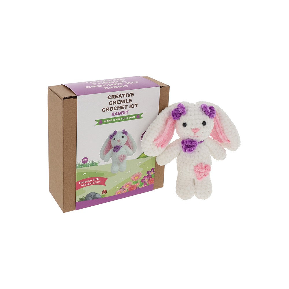 Crocheted rabbit toy with decorative flowers next to a packaging box labeled 'Creative Chenille Crochet Kit'.