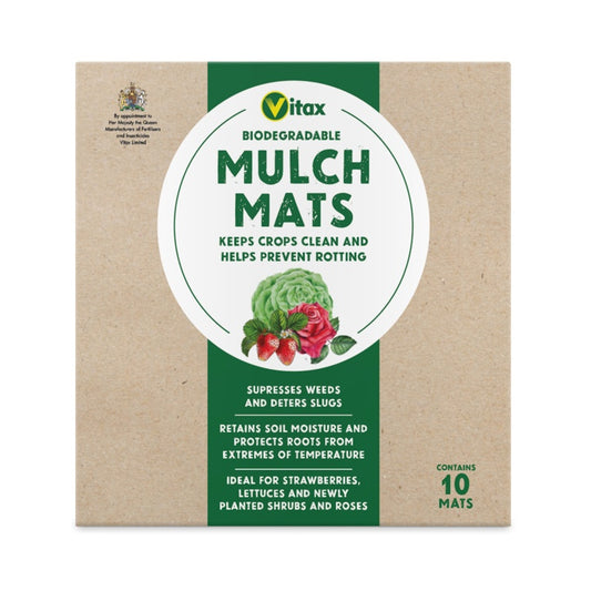 Vitax biodegradable mulch mats packaging with text and images of plants on a white background