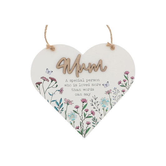 Heart-shaped wooden plaque with floral design and 'Mum' text on a white background
