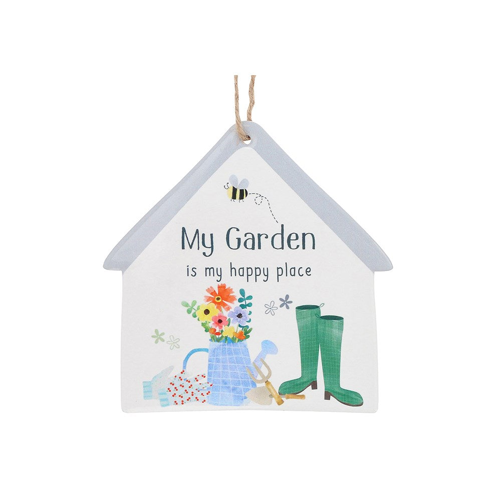 Decorative garden sign with text 'My Garden is my happy place' and gardening-themed illustrations on a white background.