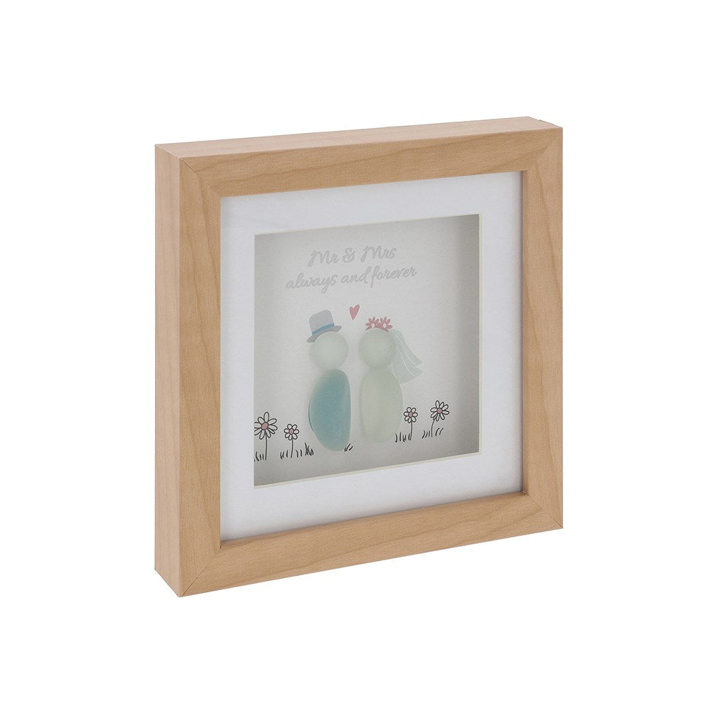 Wooden photo frame with a picture of two birds and text on a white background