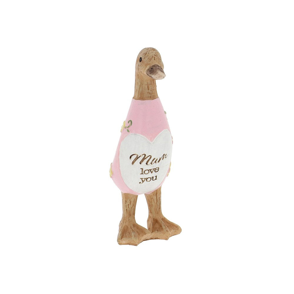 Decorative duck figurine wearing a pink sweater with a heart-shaped tag on a white background