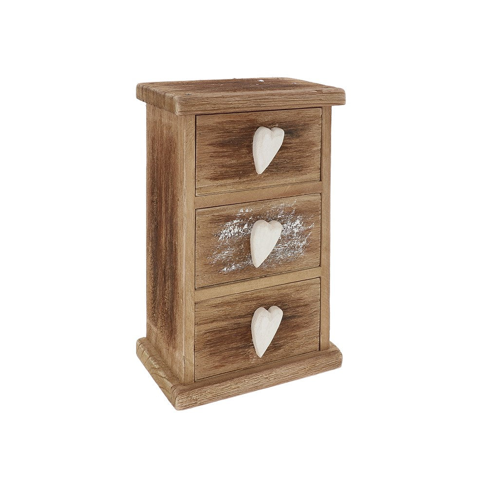 Wooden nightstand with three drawers and heart-shaped handles on a white background