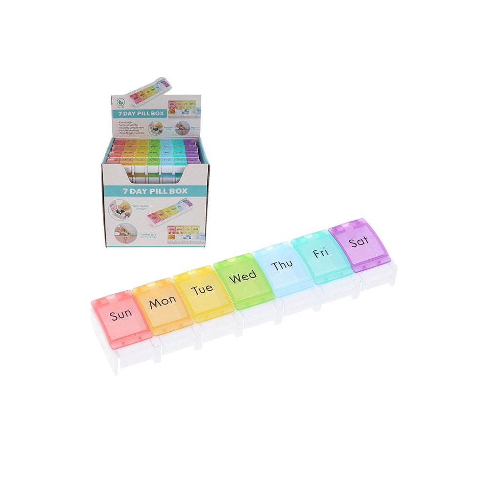 Rainbow coloured 7 day pill box on a white background