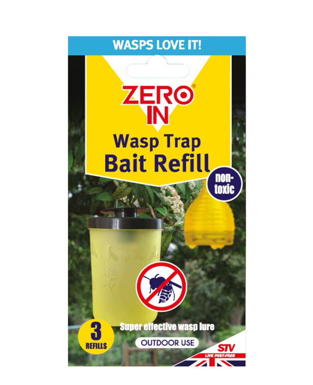 Zero In Wasp Trap Bait Refill packaging with a yellow and blue design on a white background.