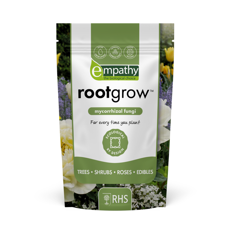 Rootgrow mycorrhizal fungi package with branding and product details on a white background