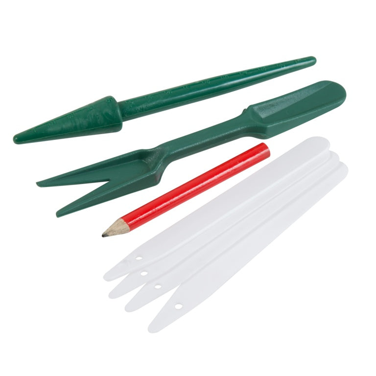 Set of garden tools including two green trowels and a red pencil on a white background