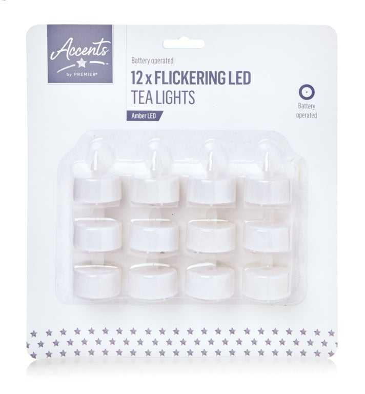 Packaging of 12 flickering LED tea lights with 'Accents' branding.
