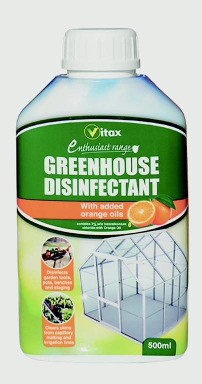Vitax Greenhouse Disinfectant bottle with label on a white background