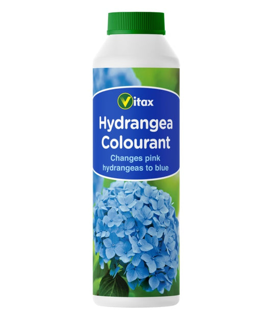 Vitax Hydrangea Colourant bottle with blue label and green cap on a white background