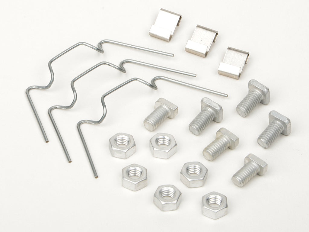 Set of metal hardware components including bolts, nuts, and brackets on a white background