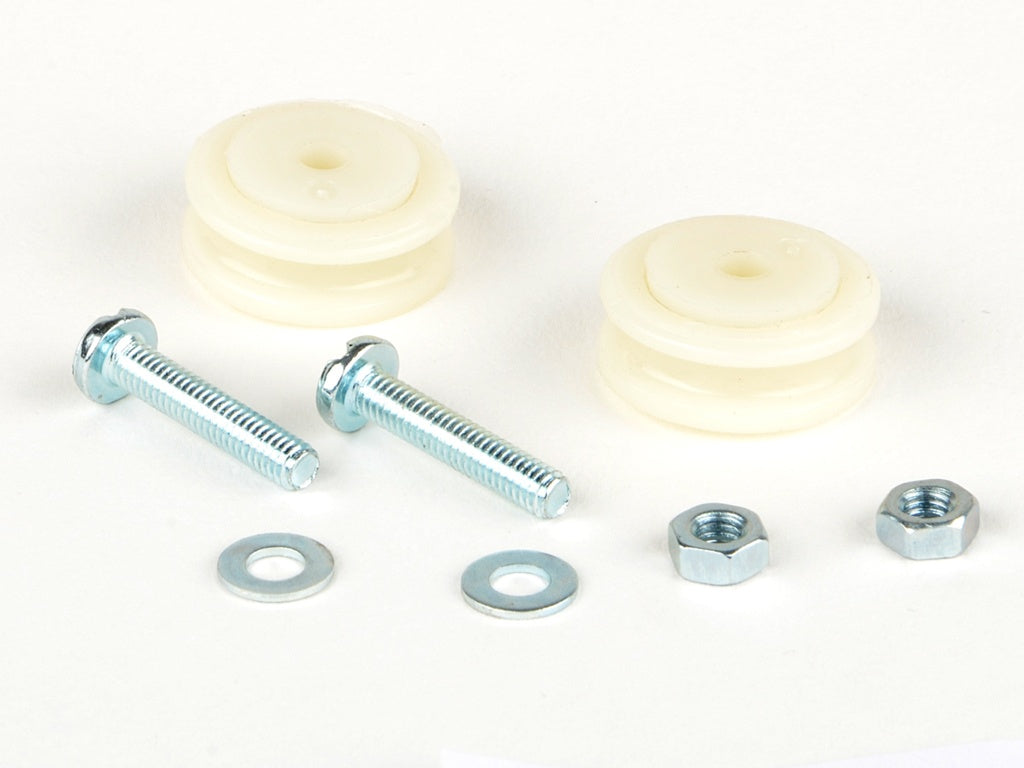 Set of screws, washers, and nuts on a white background