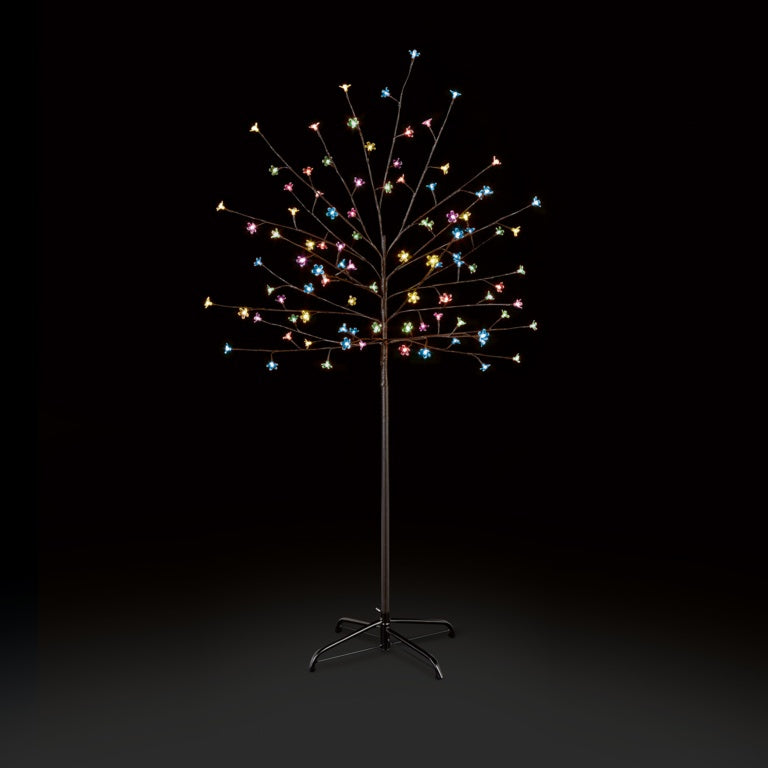 LED Cherry Blossom Christmas Tree standing decoration | Brown trunk with multicolor flower lights | Indoor or outdoor seasonal lighting UK