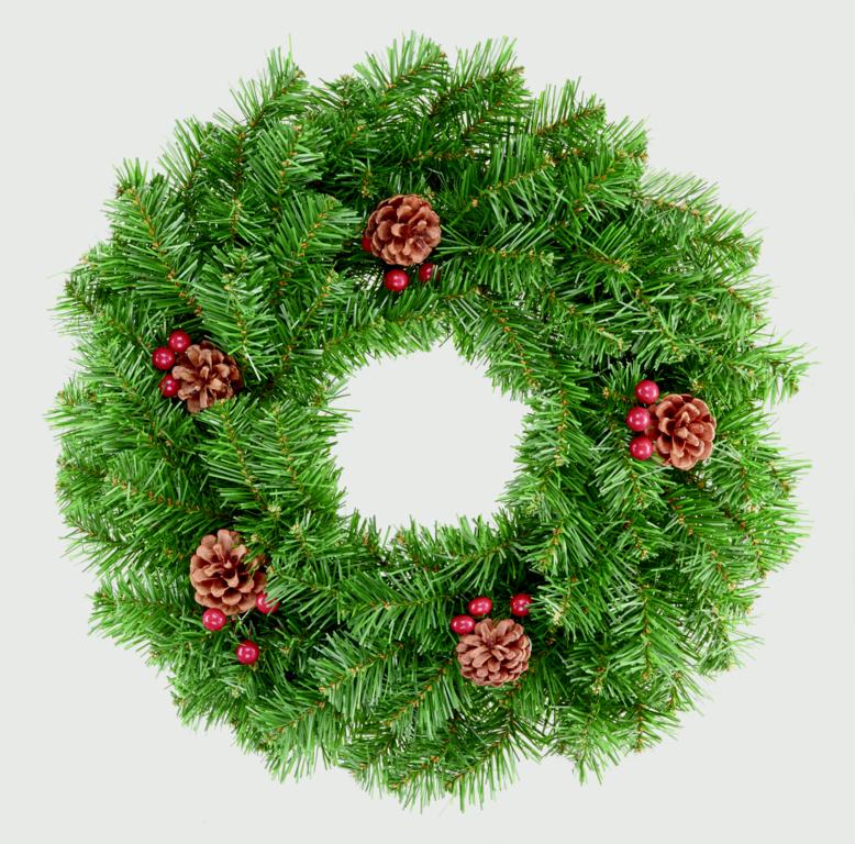 Green Christmas wreath with pine cones and berries on a light gray background